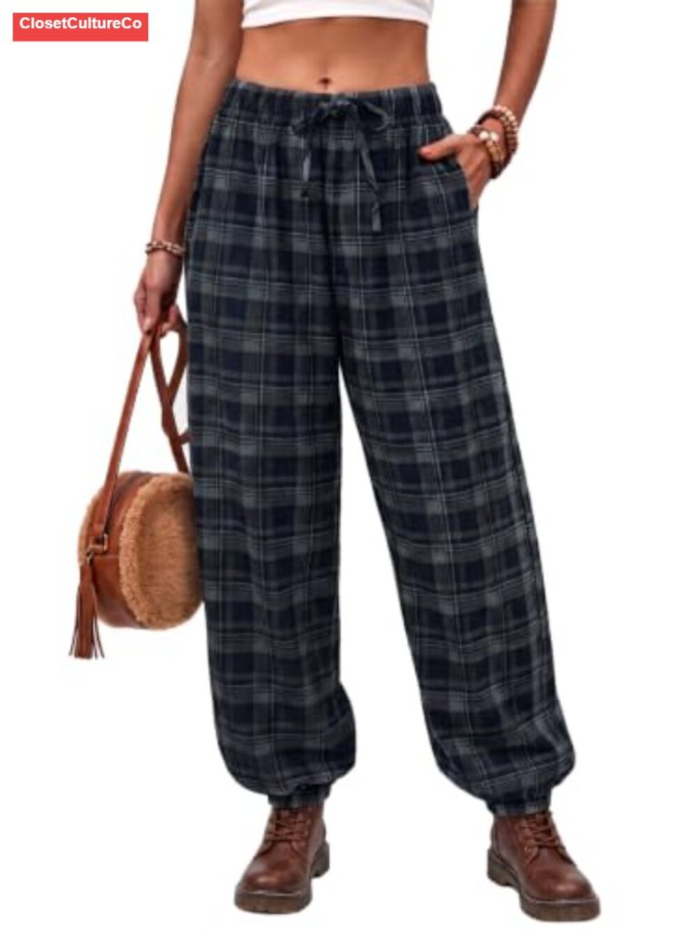 Plaid Jogger Pants Elastic Waist Drawstring Tapered Trousers Casual